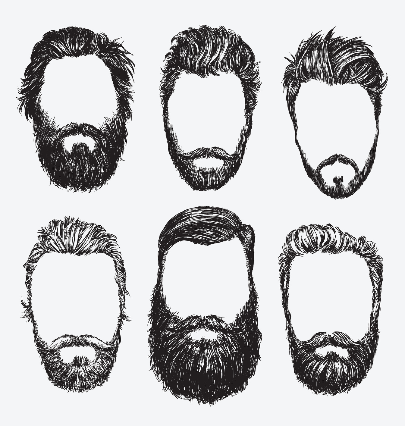 Hipster hair and beards, fashion vector illustration set.